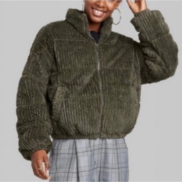 Wild Fable Green Faux Fur Full Zip Bomber Puffer Jacket Size L - Picture 1 of 11